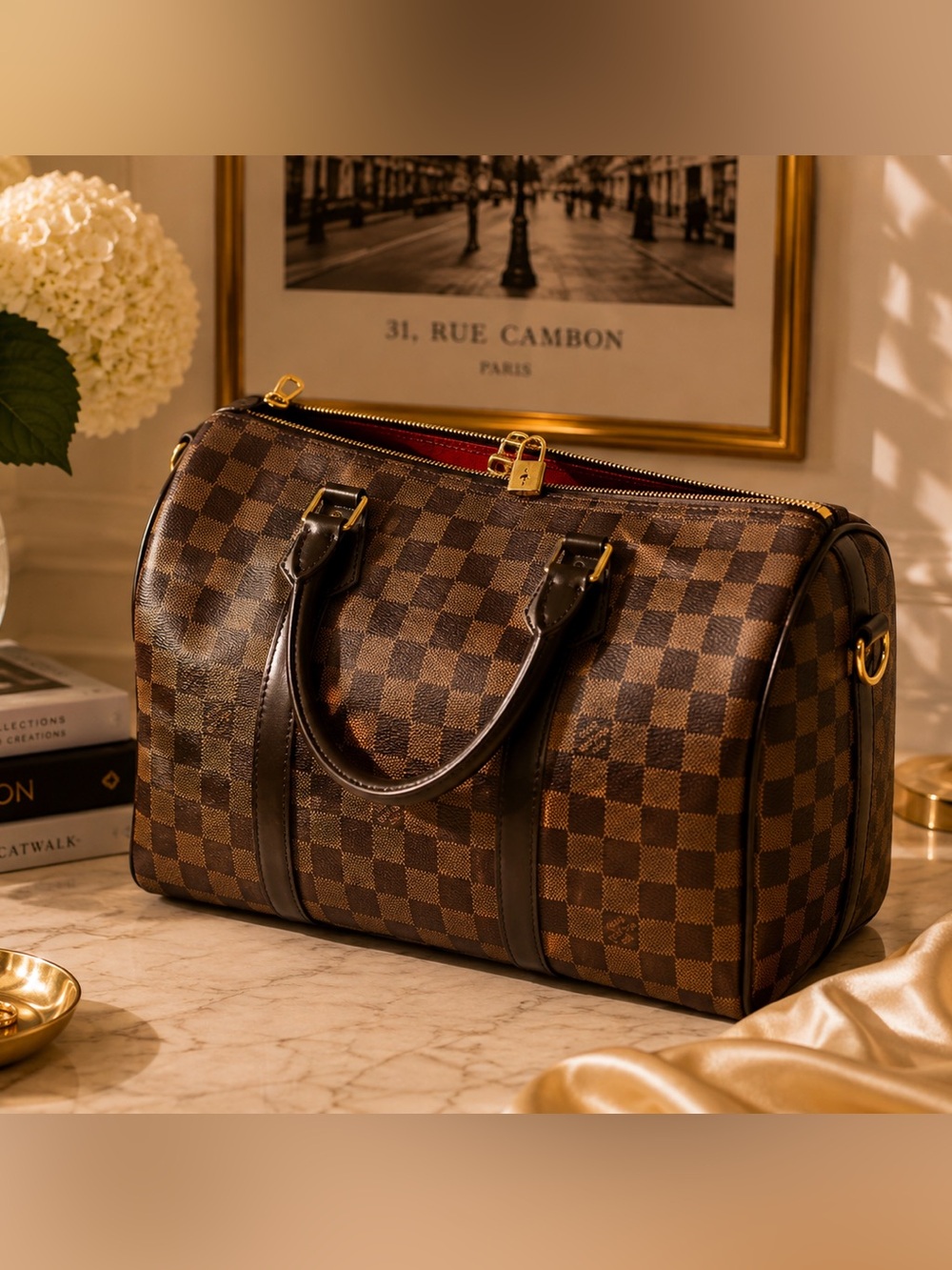 Luxury Inspired Brown Checkered Large Satchel Bag Red Interior Lock Keys Strap
